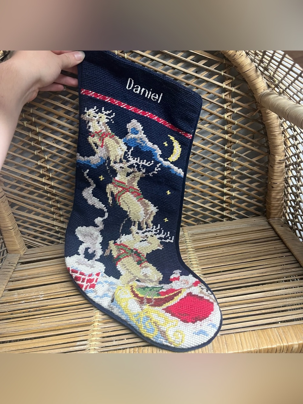 LANDS END Santa Reindeer Wool Needlepoint Christmas Stocking vintage Daniel